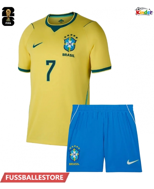 Günstige Brasilien Vinicius Junior #7 Heimtrikotsatz Kinder WM 2026 Kurzarm (+ Kurze Hosen)